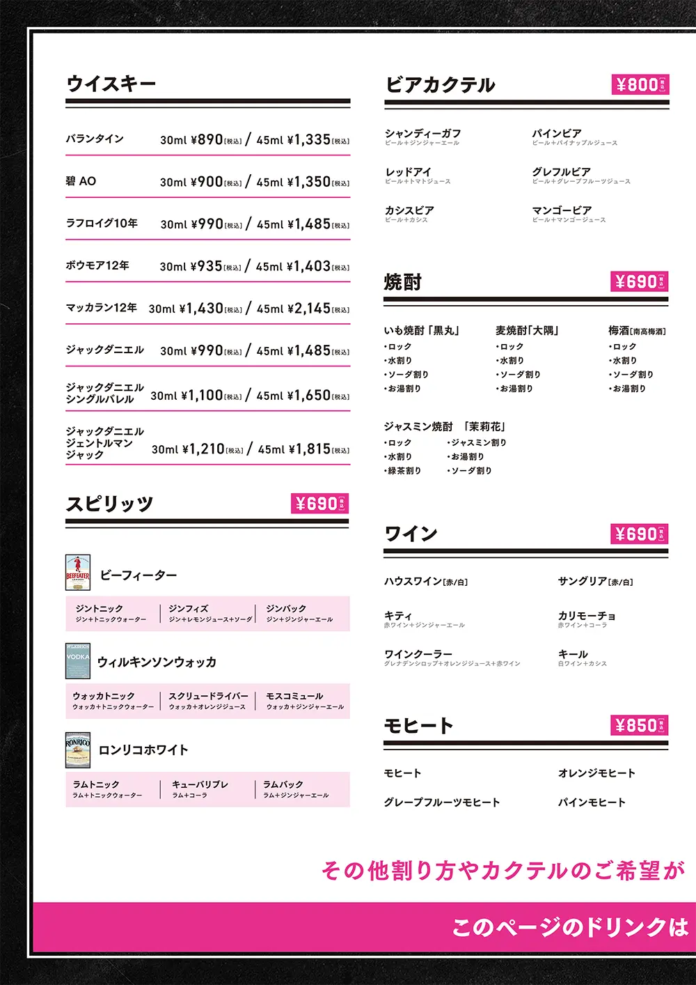 パセラリゾーツのダーツバーのドリンクメニュー