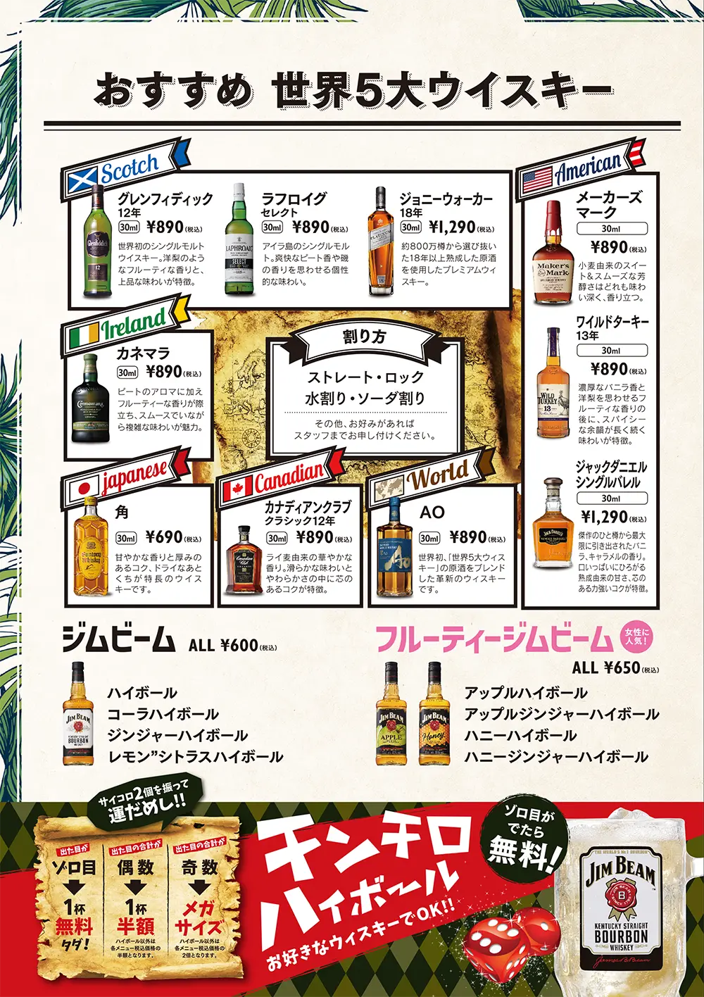 パセラリゾーツのダーツバーのドリンクメニュー